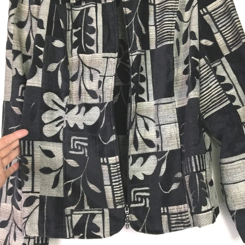 Dressbarn Tapestry Floral Geometric Zip Front Jacket XL Black Silver